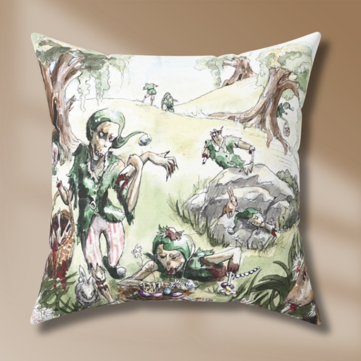 Zombie elves hunting for Easter eggs in April on a hand-painted pillow